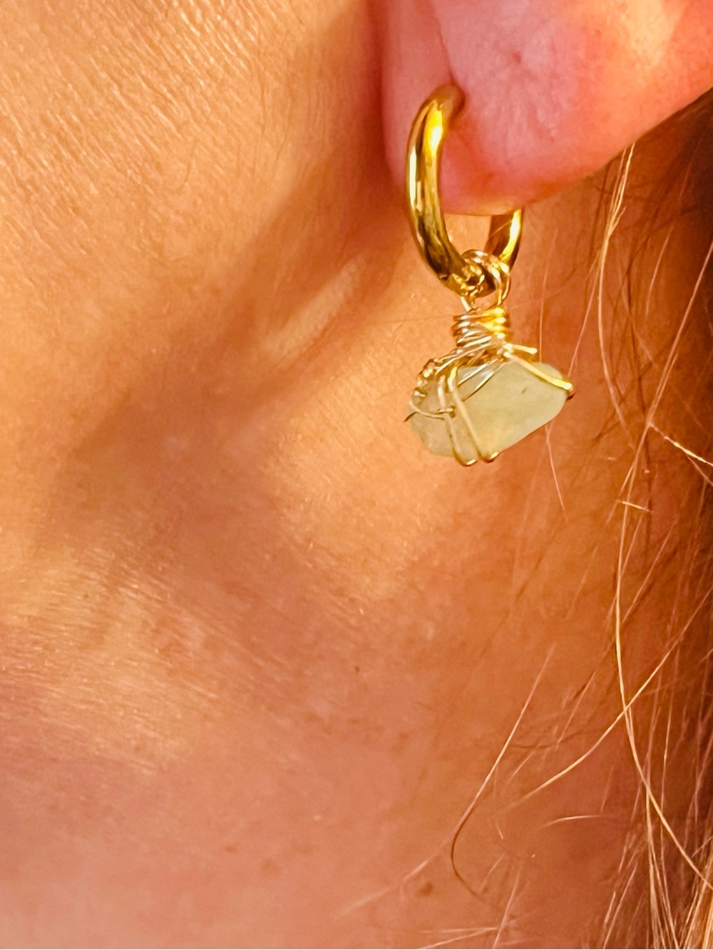Gold Hoop Earrings with green avaenturine stone Dangle
